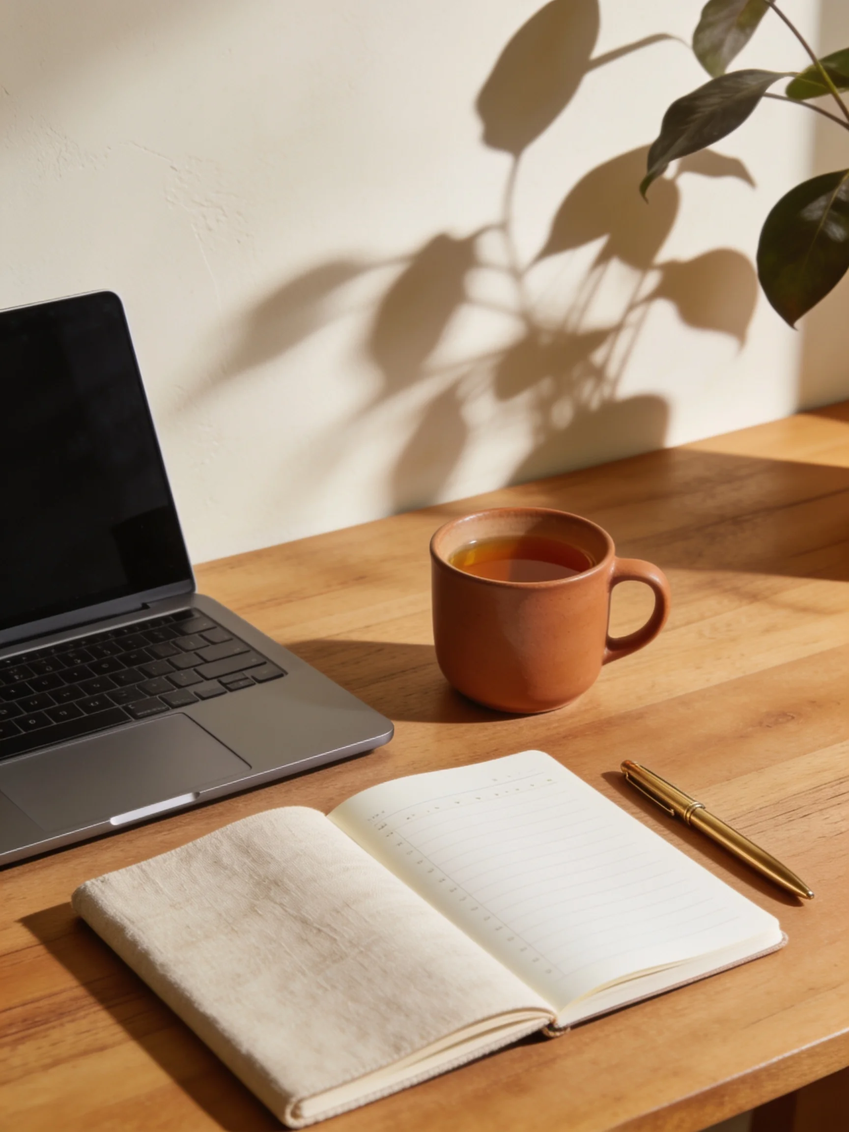 Person thoughtfully reviewing and adjusting their journal and schedule at a quiet desk