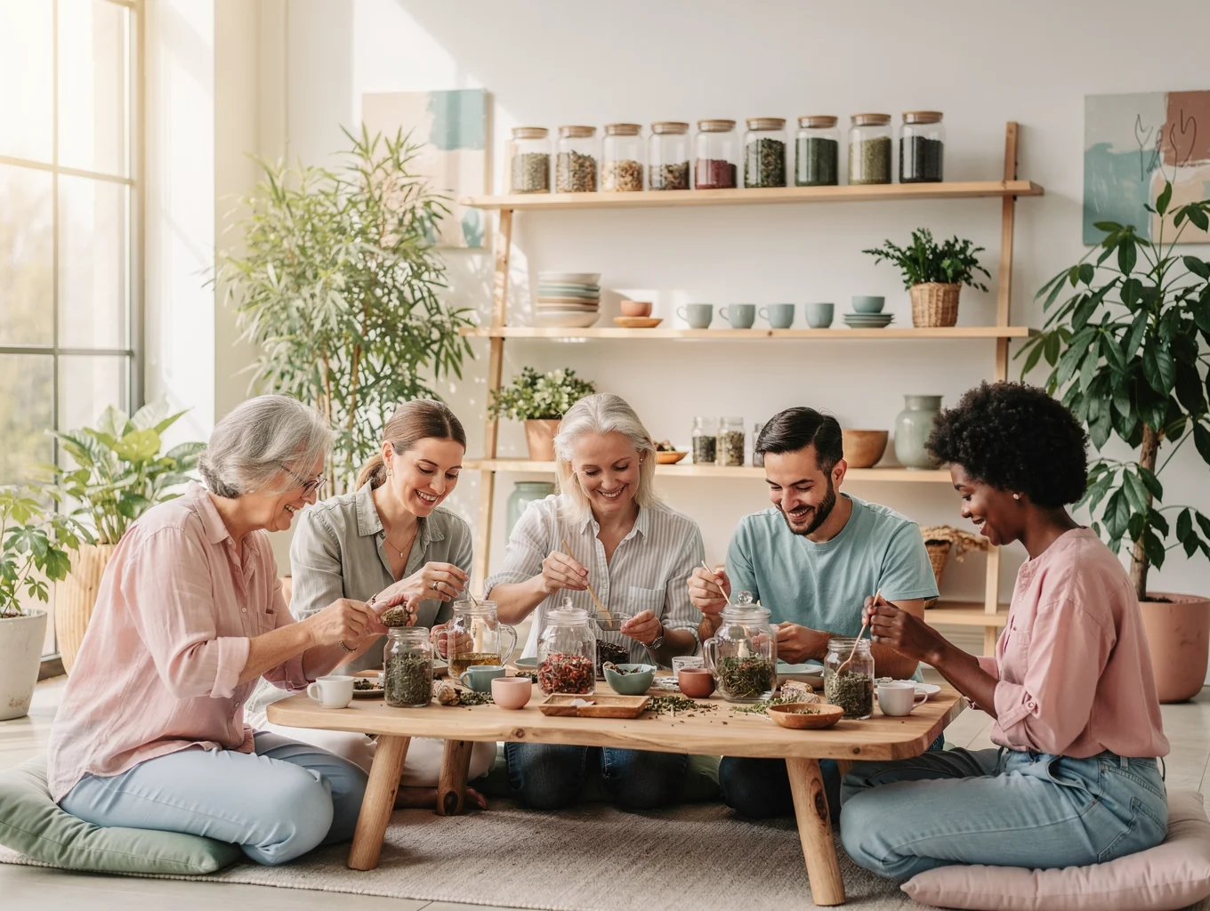 A diverse coaching session with supportive dialogue between an attentive wellness coach and diverse adults discussing life balance and personal goals