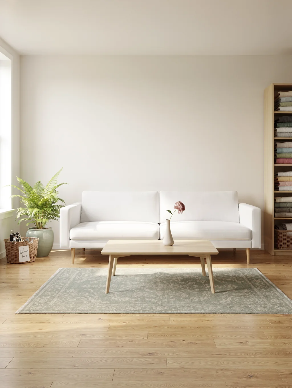 A calm, organized living space with natural herbs and tea