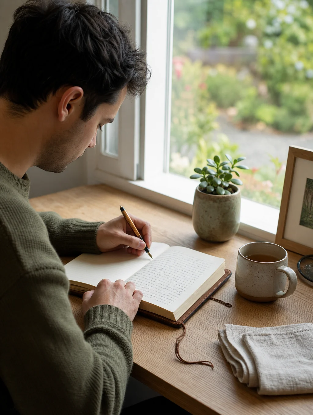 Quiet morning journal reflection in soft sunlit room