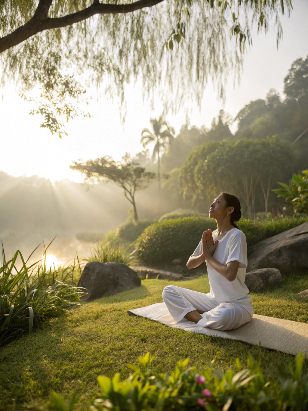 A person engaging in mindful wellness and healthy lifestyle balance outdoors