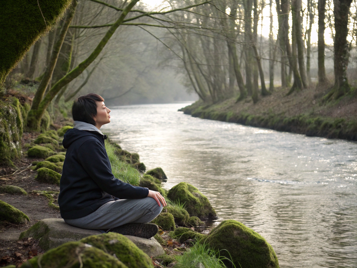Quiet moment of mindfulness and intentional reflection in nature