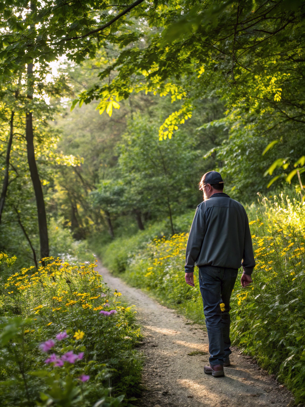 Adult practicing mindful outdoor movement and walking in nature