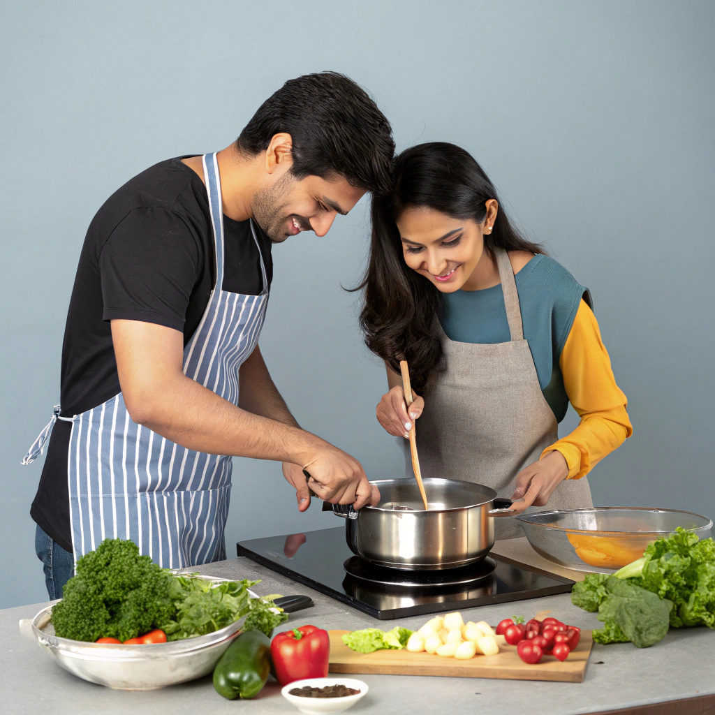 A diverse couple preparing a healthy meal together in their kitchen, demonstrating mindful nourishment and balanced culinary habits