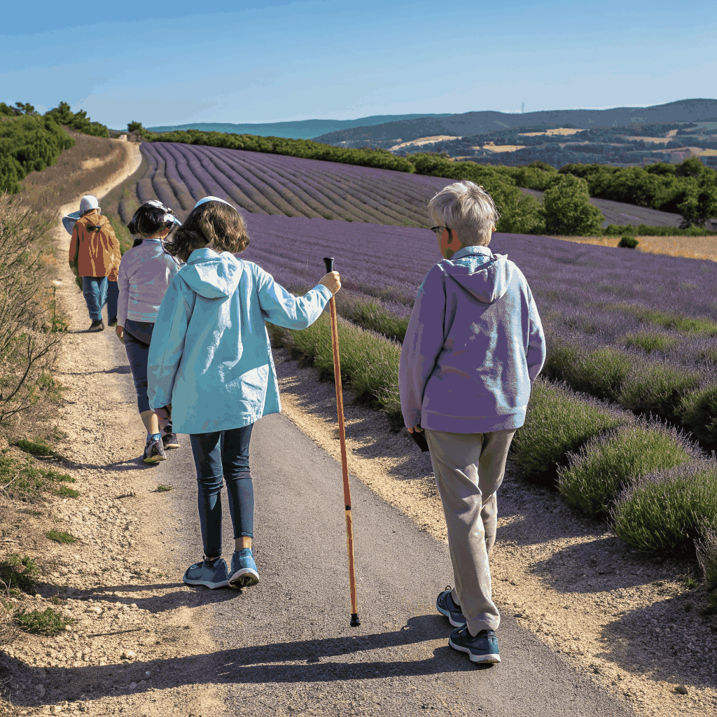 Multi-generational adults of diverse backgrounds walking together in a nature setting, enjoying active living and outdoor vitality